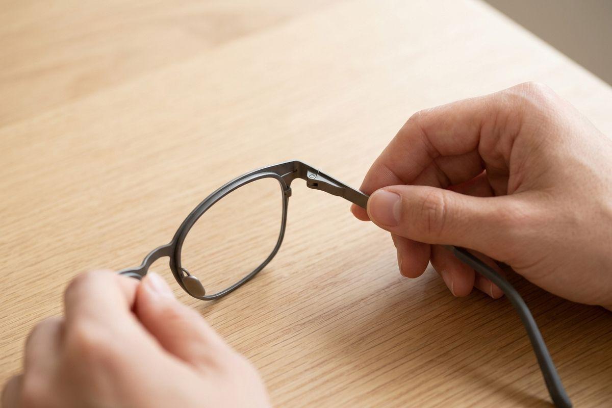 Hands holding gray metal eyeglass frames over a light wooden table, gripping the bridge and one temple arm near the hinge.