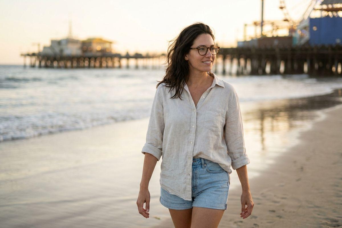 Smiling adult in glasses, linen shirt, and denim shorts walks along the shoreline at sunset, with a wooden pier and amusement rides behind.